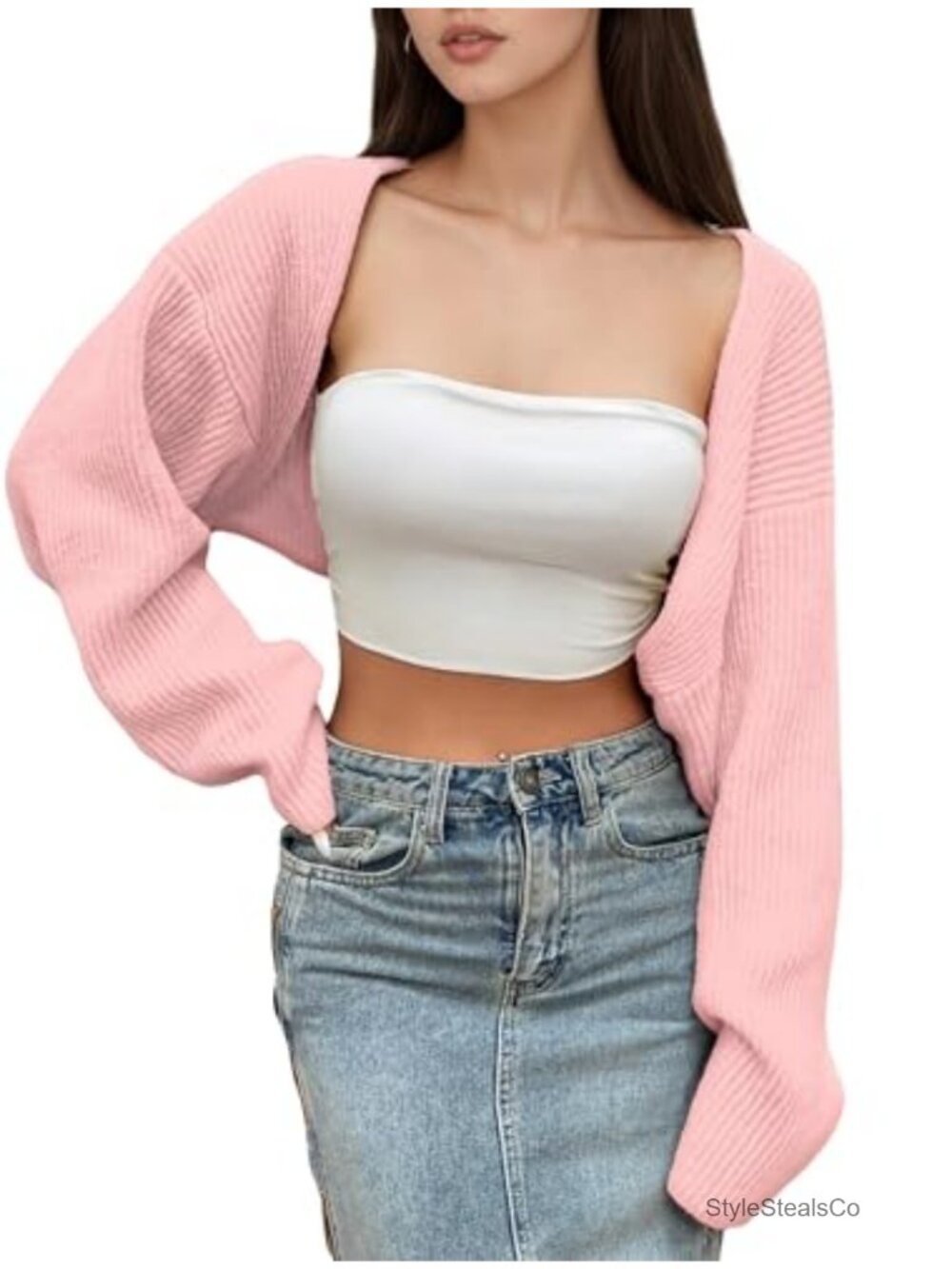 Women's Y2K Rib Knit Crop Cardigan Shrug Open Front Long Puff Sleeve Bolero